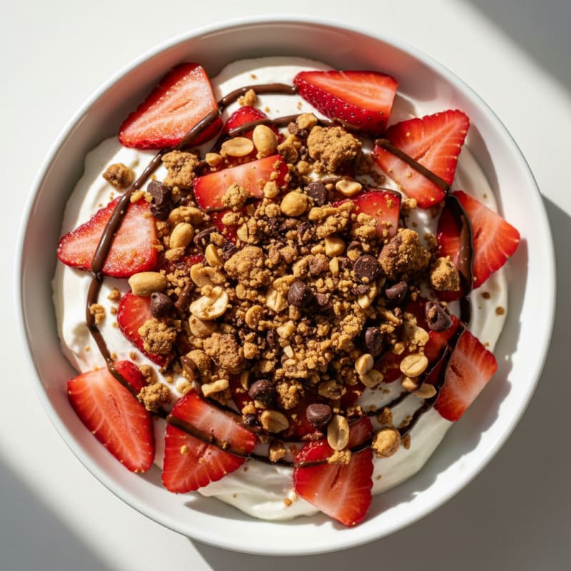 High-Protein Creamis with Sliced Strawberries and Protein Bar Crumble