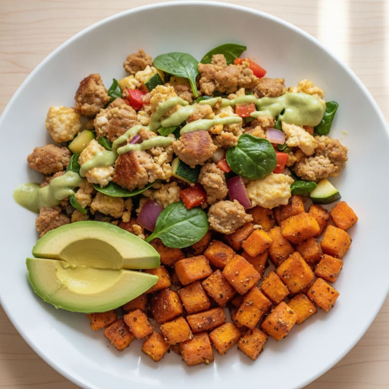 Turkey Sausage and Egg White Scramble with Sweet Potato Hash