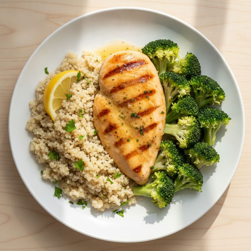 Grilled Chicken Breast with Steamed Broccoli and Quinoa