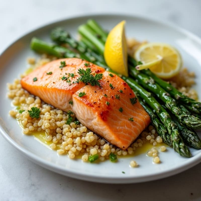 Flaky Baked Salmon with Roasted Asparagus and Lemon-Herb Quinoa