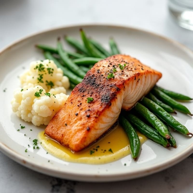Seared Salmon with Garlic Green Beans and Cauliflower Mash