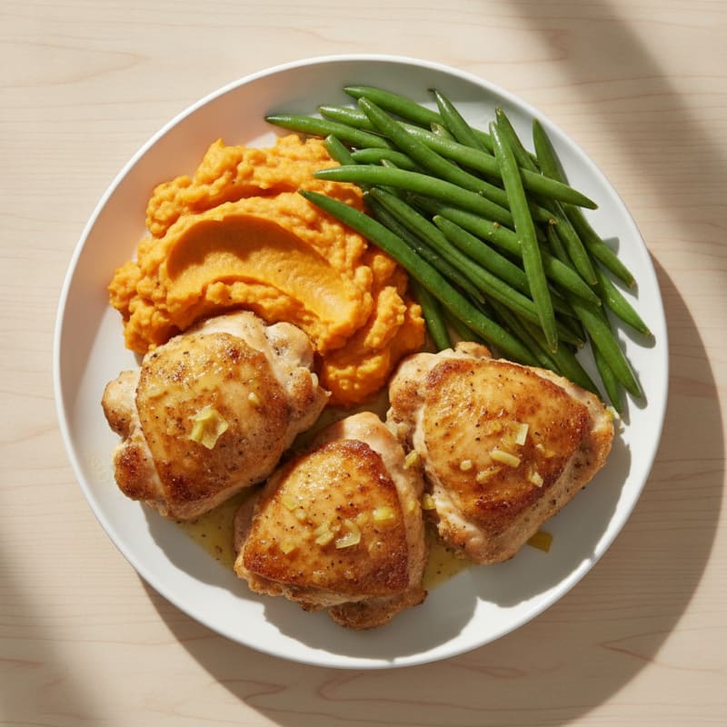 Baked Chicken Thighs with Steamed Green Beans and Sweet Potato Mash
