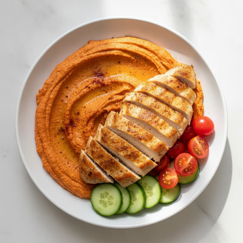 Roasted Red Pepper Hummus Bowl with Spiced Chicken