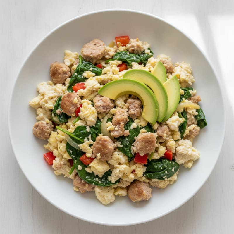 Egg White and Turkey Sausage Scramble with Sautéed Spinach