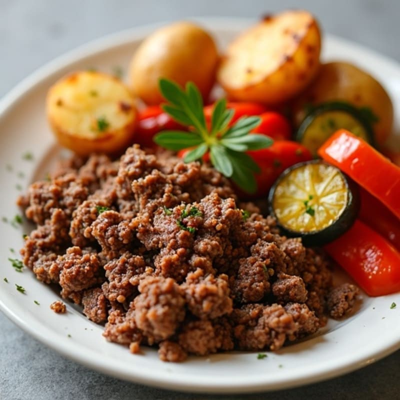 Savory Ground Beef and Crispy Roasted Potatoes with Roasted Vegetables