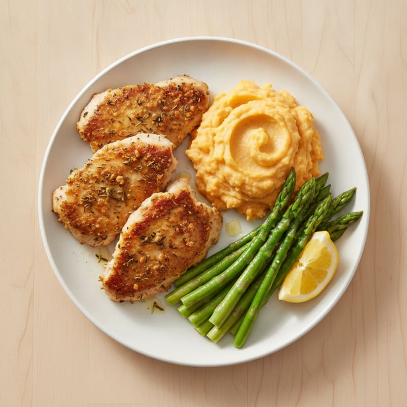 Herb-Seared Chicken Thighs with Steamed Asparagus and Sweet Potato Mash