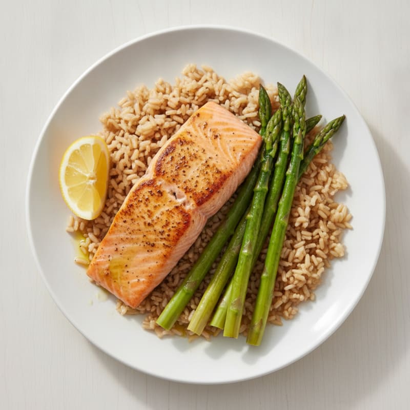Seared Salmon Fillet with Steamed Asparagus and Brown Rice