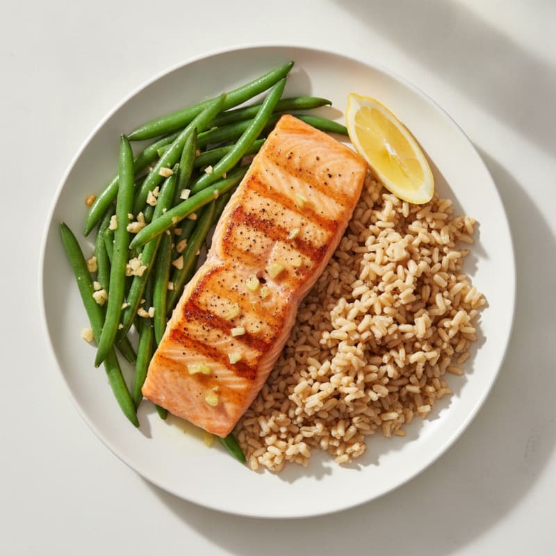 Seared Salmon with Garlic Green Beans and Brown Rice