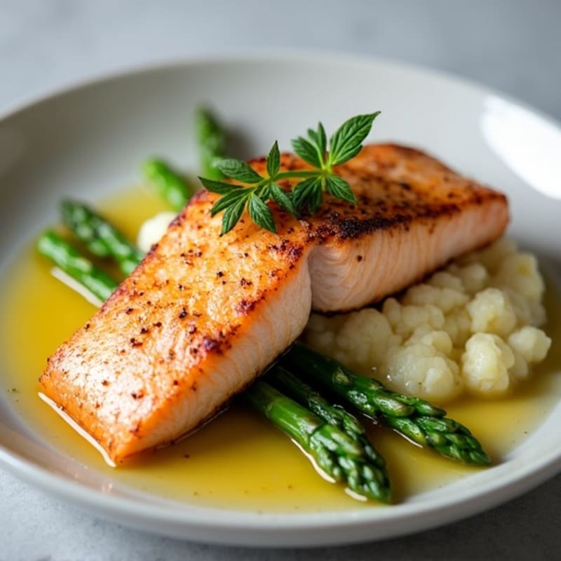Seared Salmon with Steamed Asparagus and Garlic Cauliflower Mash