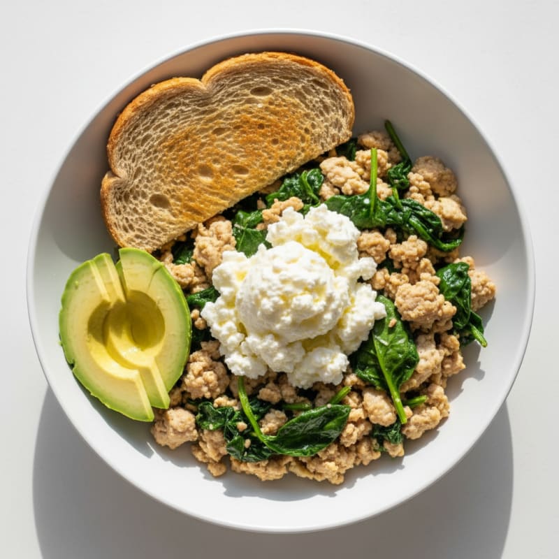 Egg White and Turkey Spinach Scramble with Cottage Cheese