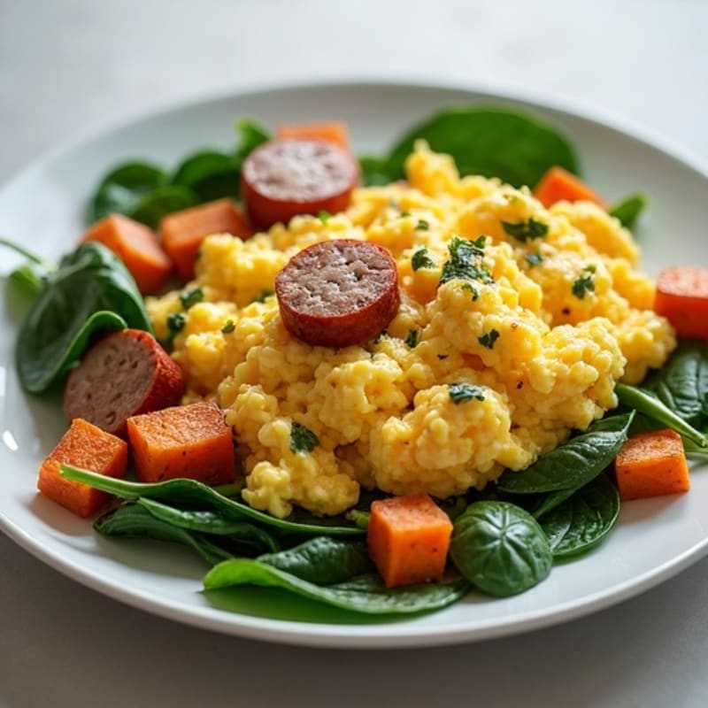 Egg White and Turkey Sausage Scramble with Spinach and Roasted Sweet Potatoes
