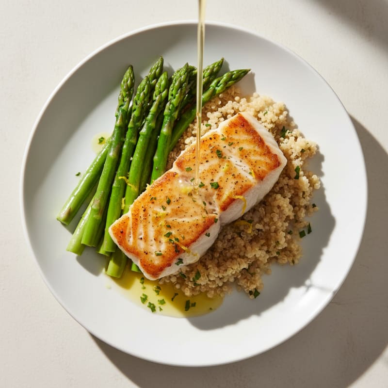 Seared Cod with Steamed Asparagus and Quinoa