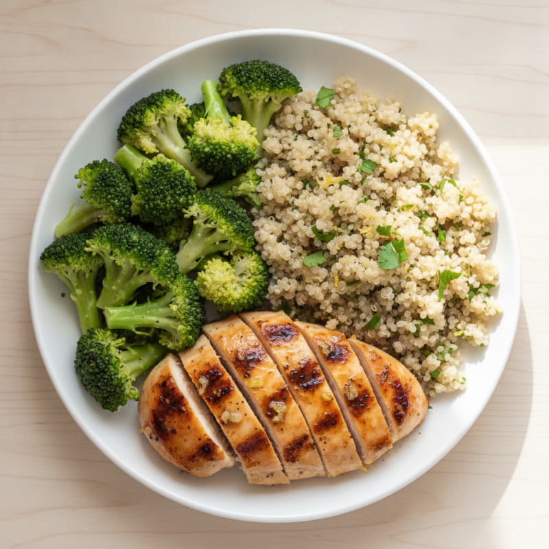Grilled Chicken Breast with Steamed Broccoli and Quinoa
