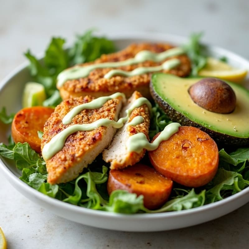 Crispy Chicken and Roasted Sweet Potato Salad with Creamy Avocado Dressing