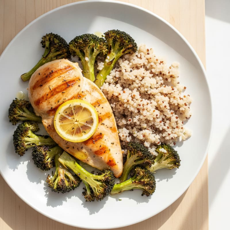 Grilled Chicken Breast with Roasted Broccoli and Quinoa