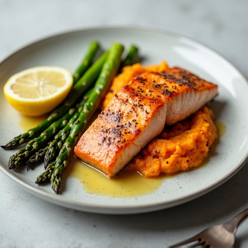 Seared Salmon Filet with Roasted Asparagus and Sweet Potato Mash