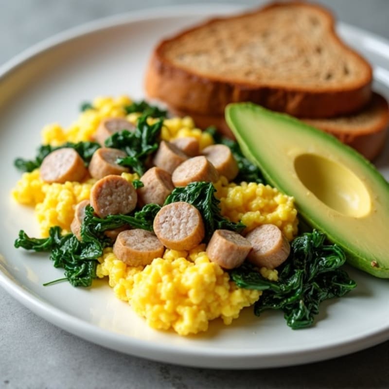 Scrambled Egg Whites with Turkey Sausage and Sautéed Spinach