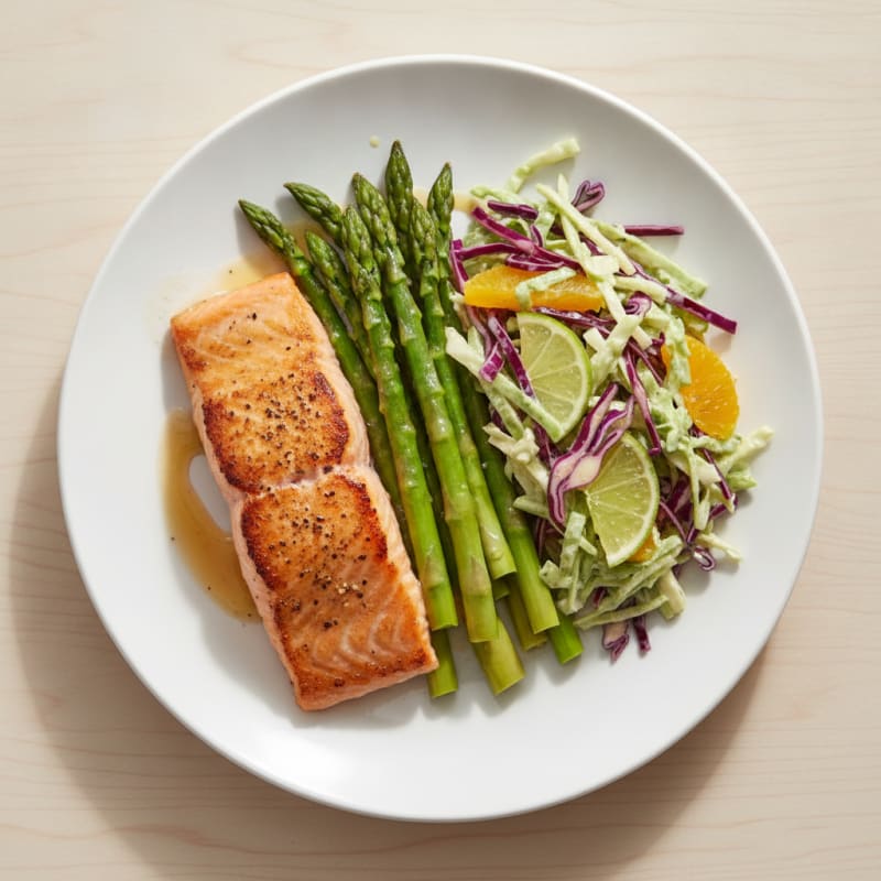 Seared Salmon with Steamed Asparagus and Citrus Slaw