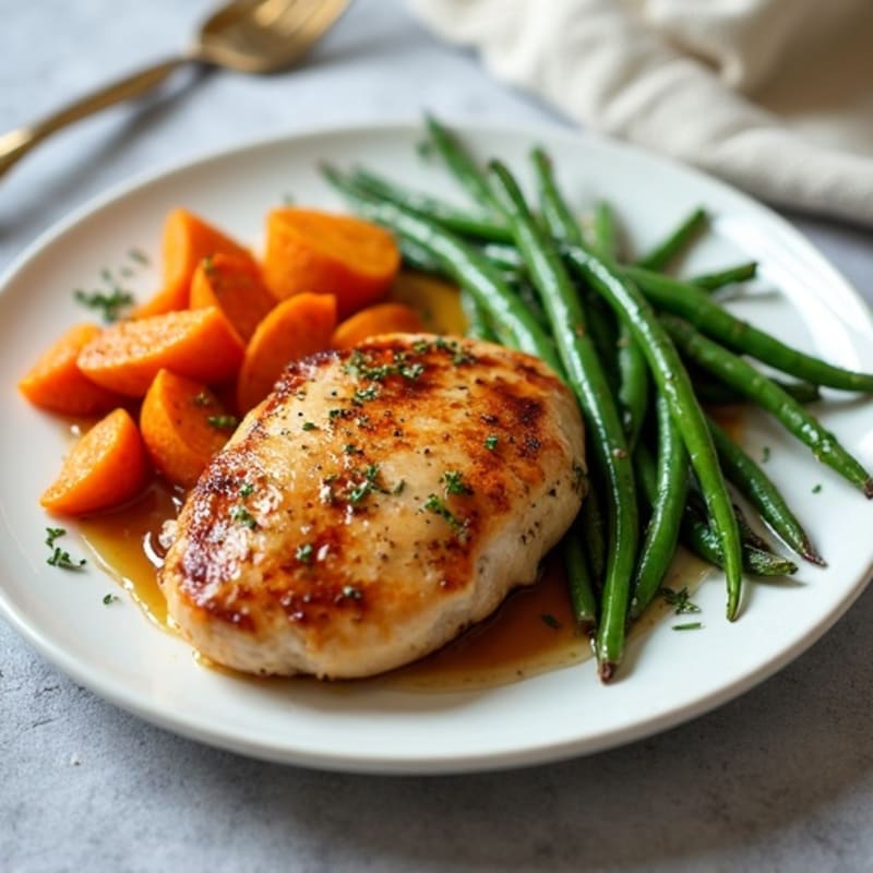 Maple-Glazed Chicken with Roasted Sweet Potatoes and Crispy Green Beans