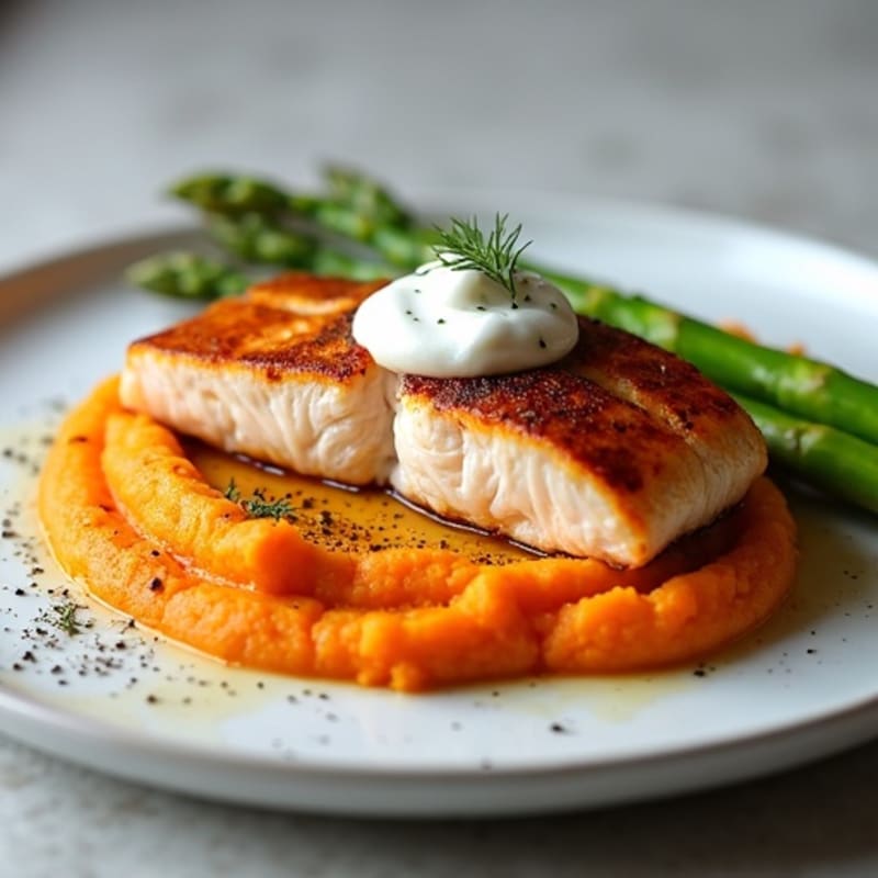 Seared Salmon Fillet with Roasted Asparagus and Sweet Potato Mash