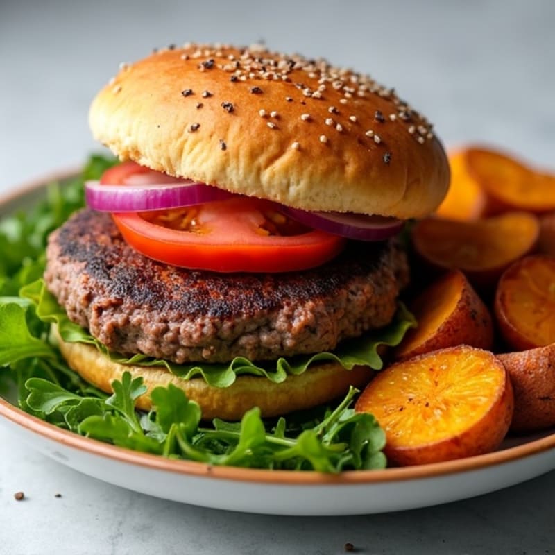 Lean Beef Burger with Fresh Greens and Crispy Roasted Sweet Potatoes