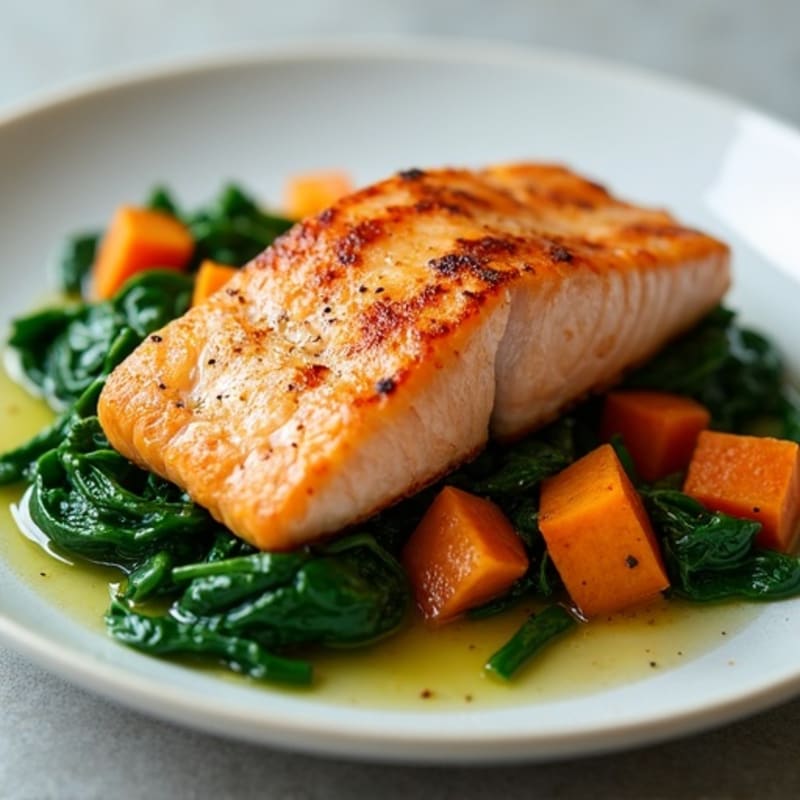 Seared Salmon Fillet with Roasted Sweet Potato Cubes and Wilted Spinach