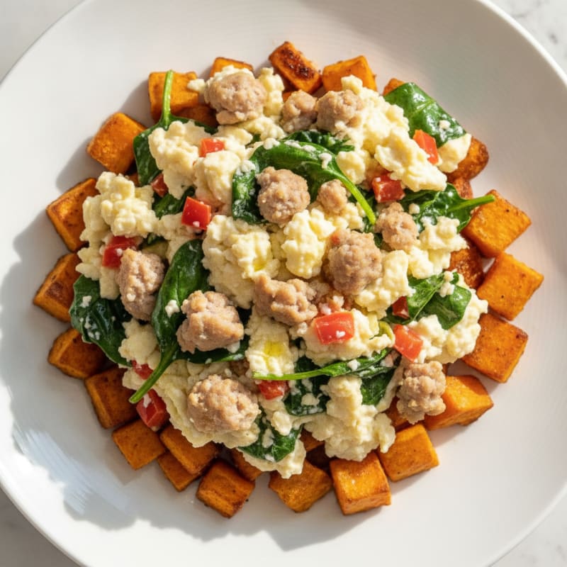 Egg White Scramble with Turkey Sausage and Roasted Sweet Potatoes