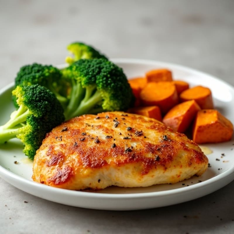 Crispy Baked Chicken Breast with Roasted Sweet Potatoes and Broccoli