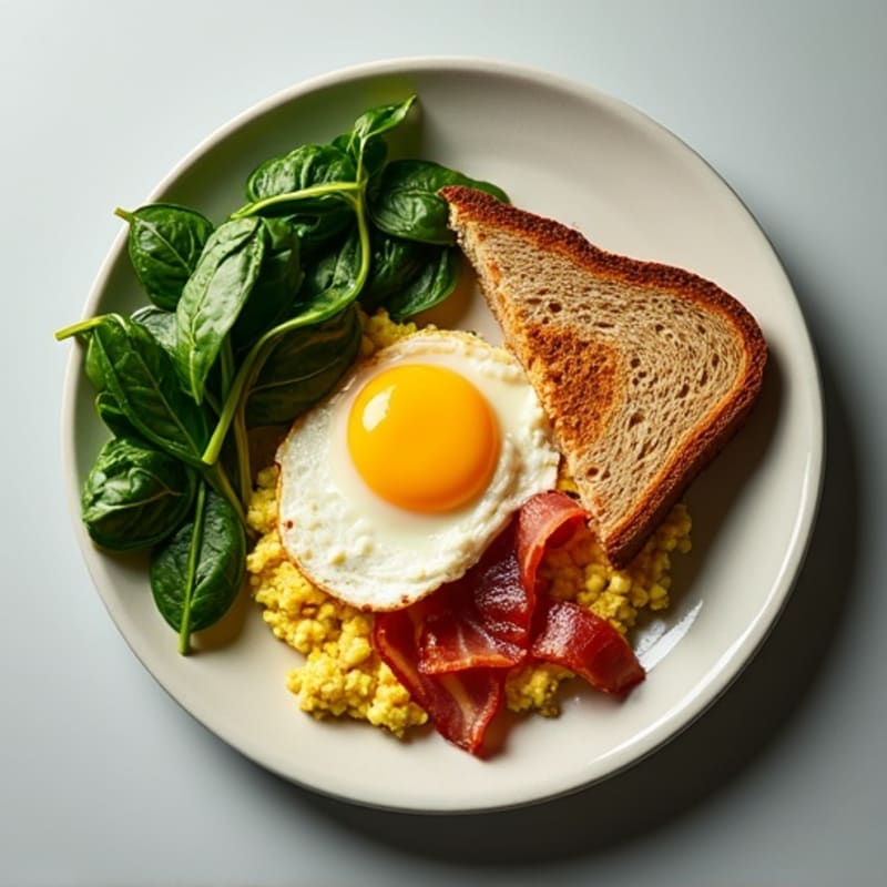Crispy Turkey Bacon and Egg White Scramble with Sautéed Spinach