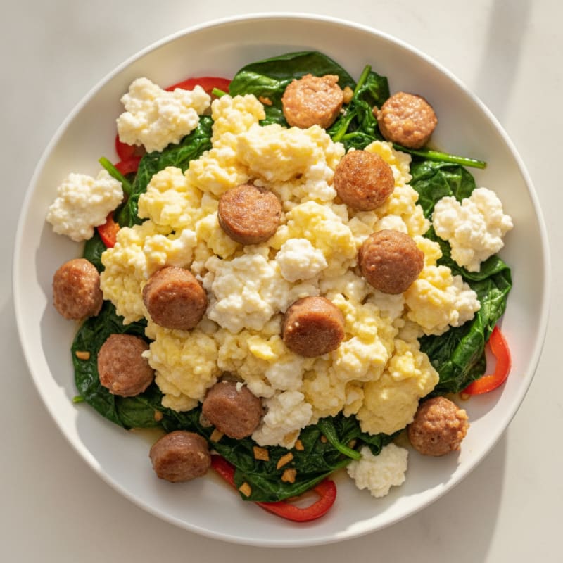 Cottage Cheese Scramble with Turkey Sausage and Sautéed Spinach
