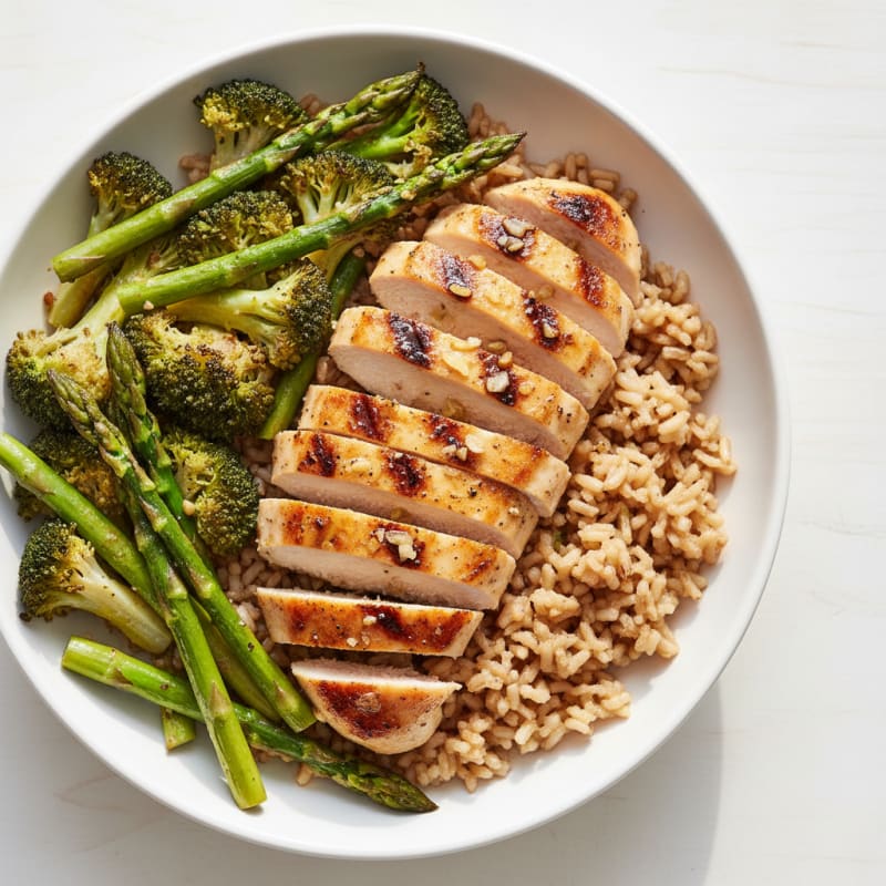 Grilled Chicken Rice Bowl with Roasted Broccoli and Asparagus