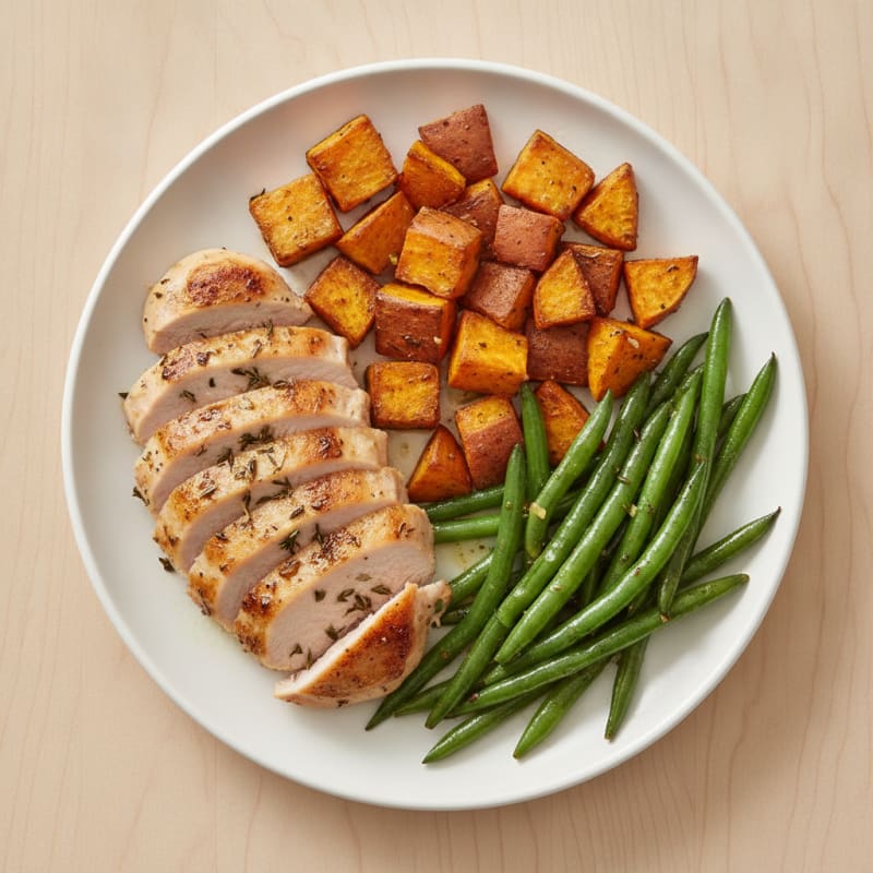 Seared Turkey Breast with Roasted Sweet Potatoes and Green Beans
