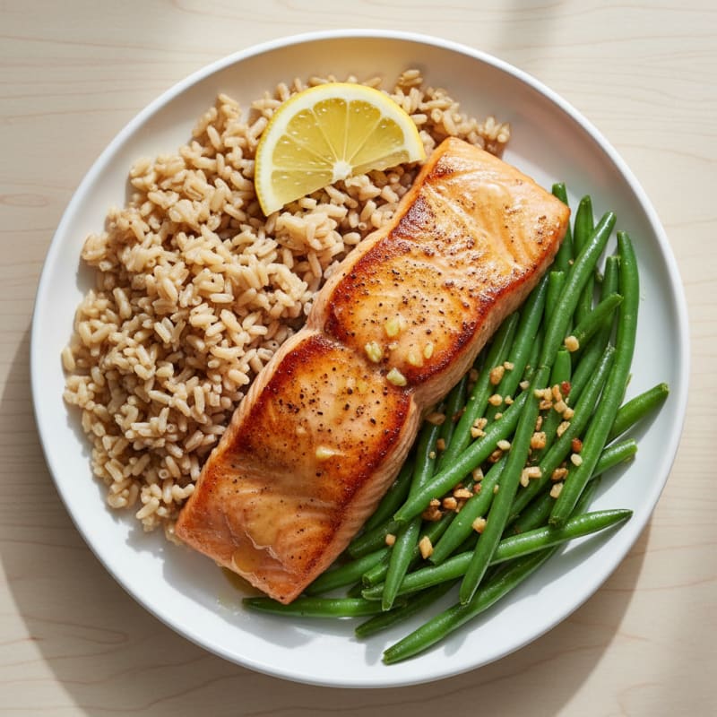 Seared Salmon with Garlic Green Beans and Brown Rice