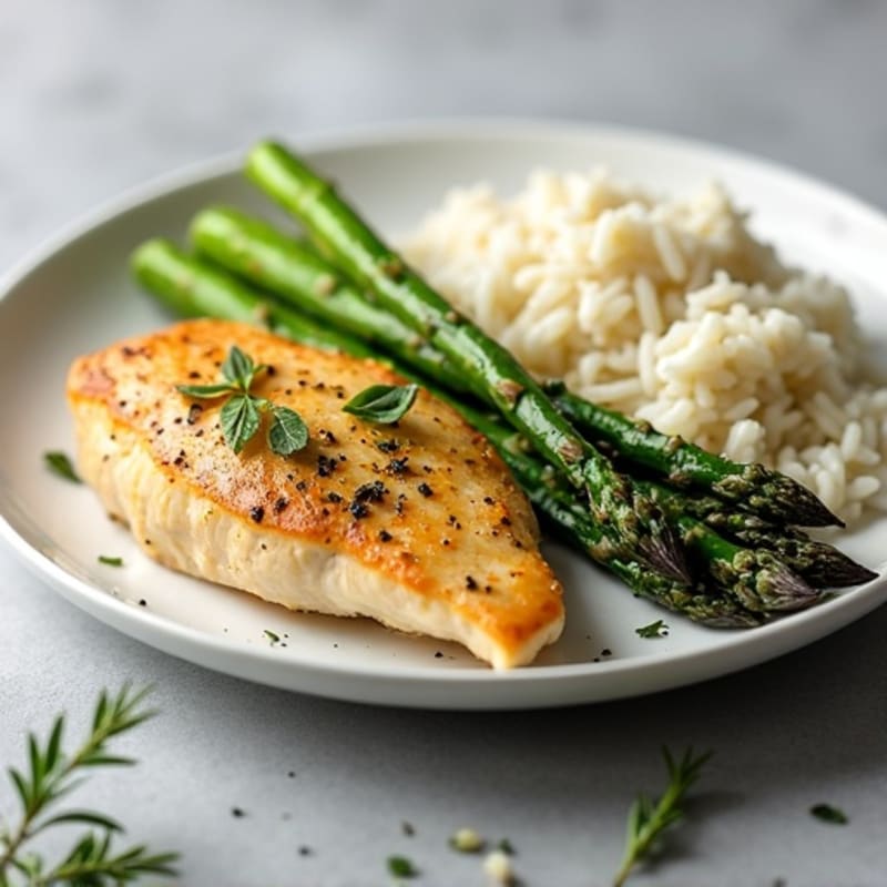 Garlic Herb Chicken and Mahi with Roasted Asparagus and Fluffy White Rice