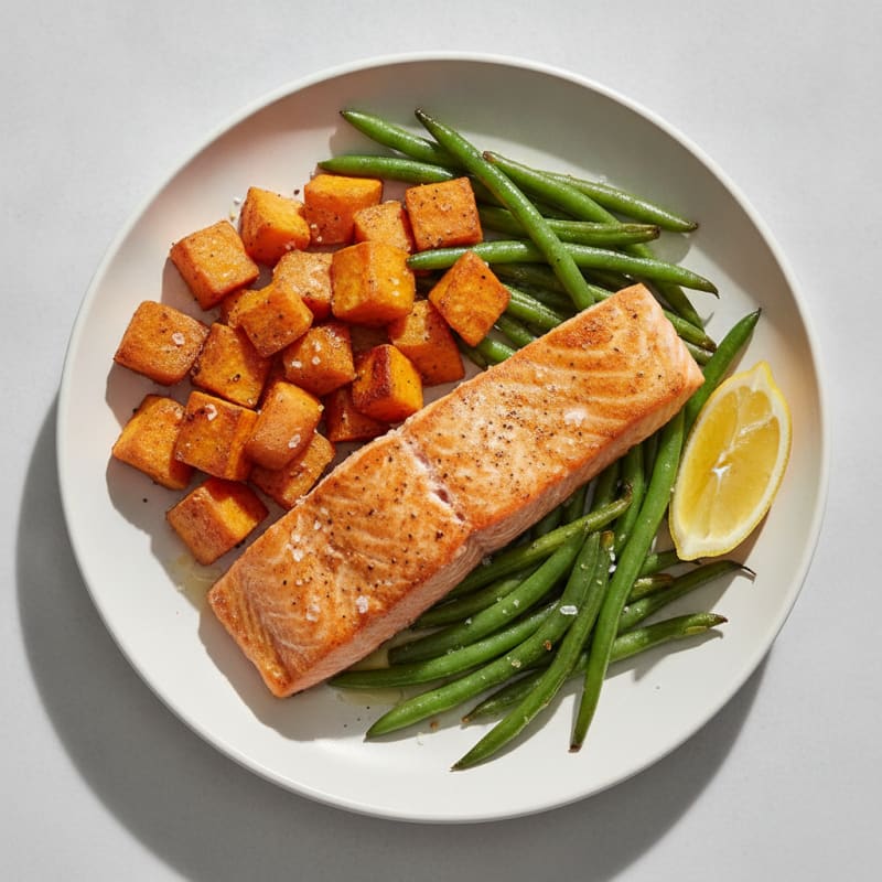 Seared Salmon Fillet with Roasted Sweet Potatoes and Green Beans