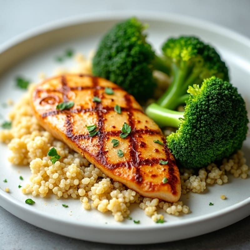 Grilled Lemon Garlic Chicken Breast with Quinoa and Steamed Broccoli