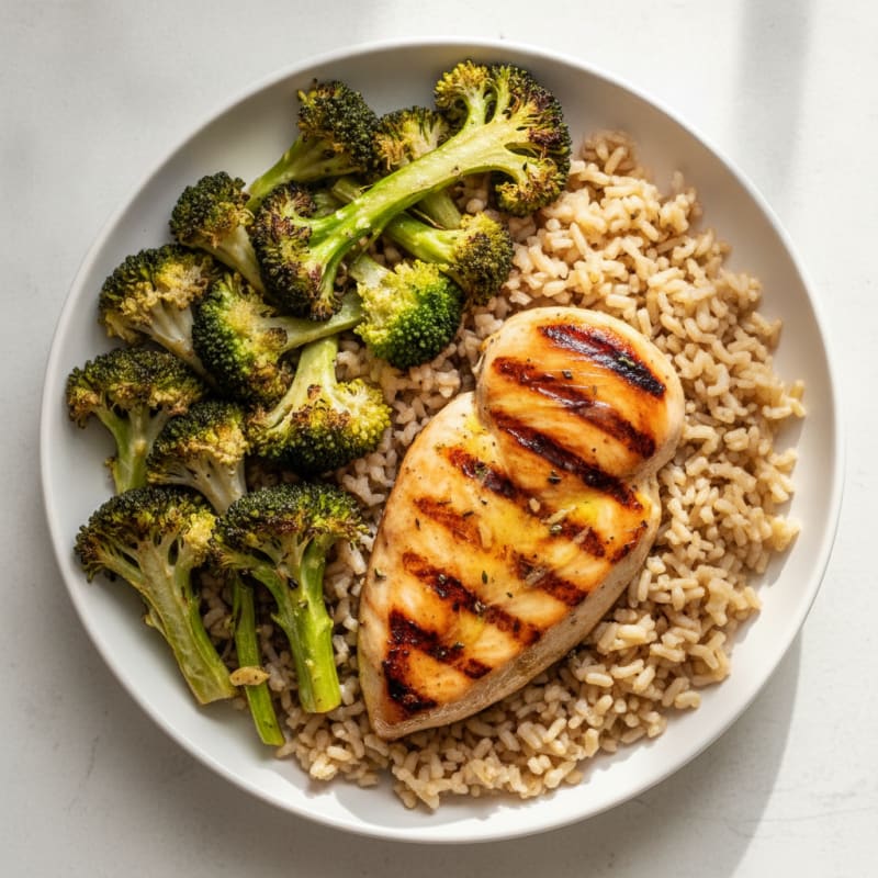 Grilled Chicken Breast with Roasted Broccoli and Brown Rice