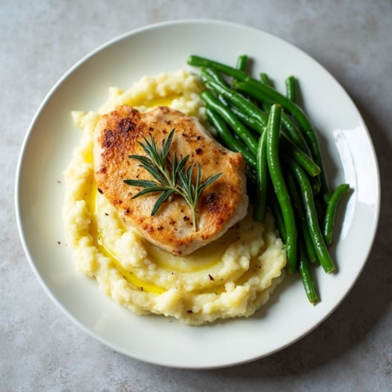 Creamy Garlic Mashed Potatoes with Herb-Roasted Chicken and Crispy Green Beans