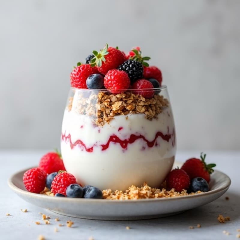 Greek Yogurt Parfait with Crunchy Almond Granola and Mixed Berries