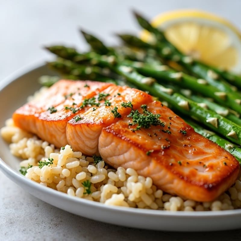 Seared Salmon with Steamed Asparagus and Lemon-Garlic Brown Rice