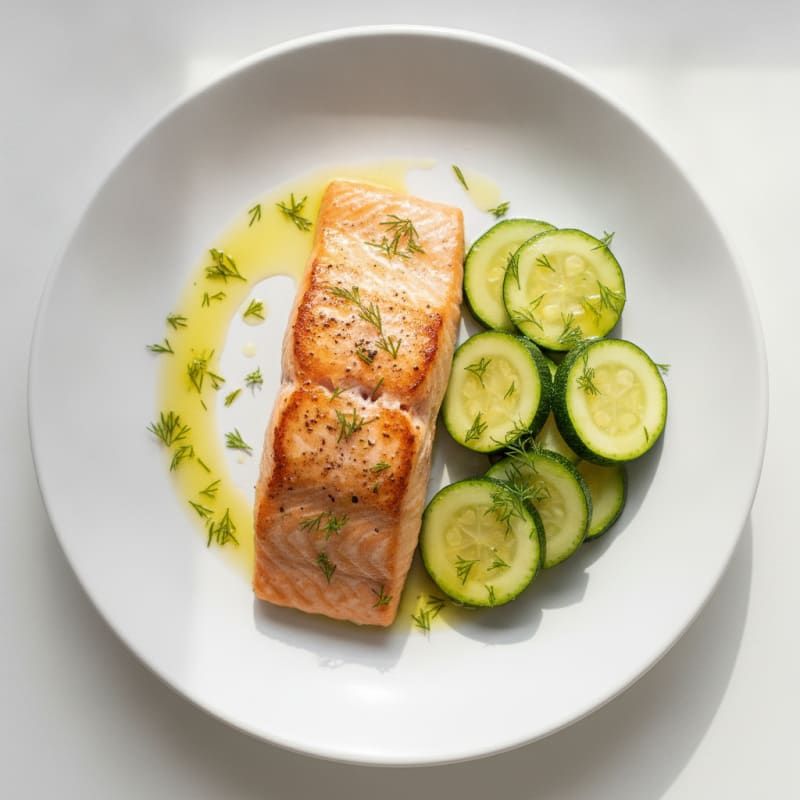 Pan-Seared Salmon with Steamed Zucchini and Lemon Olive Oil Drizzle