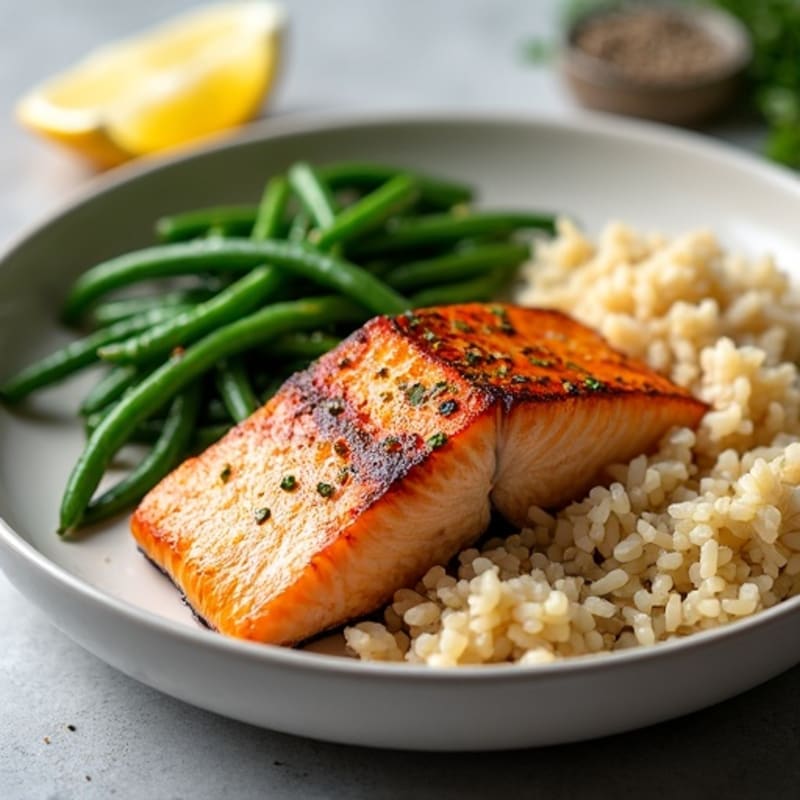 Seared Salmon Filet with Garlic Green Beans and Brown Rice