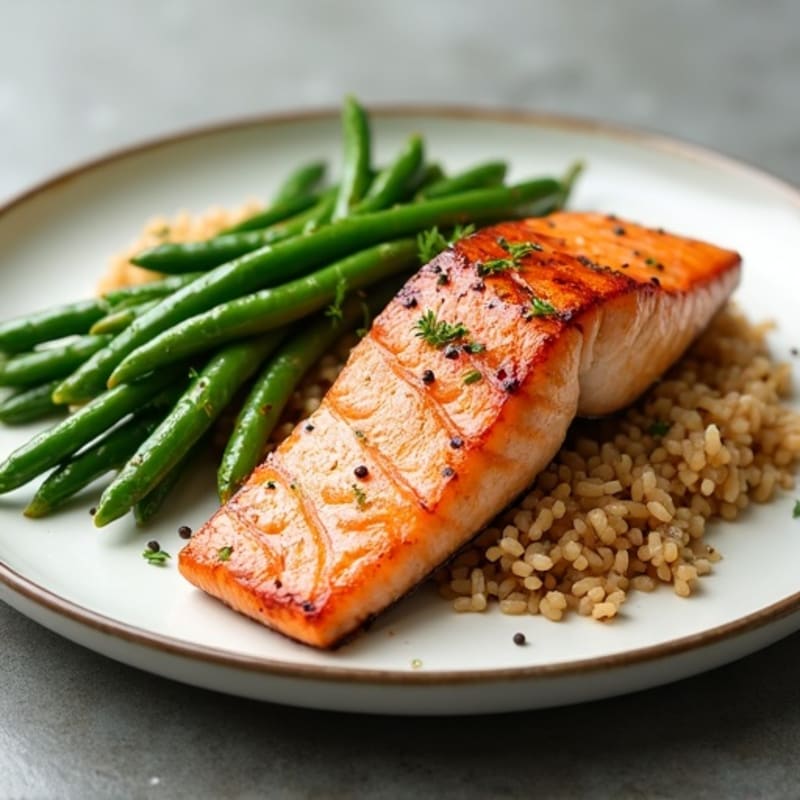 Seared Salmon Fillet with Garlic Green Beans and Brown Rice