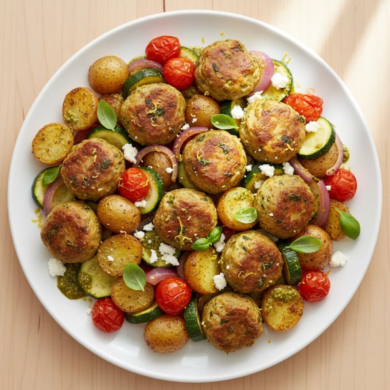 Pesto Chicken Meatball Sheet Pan Dinner