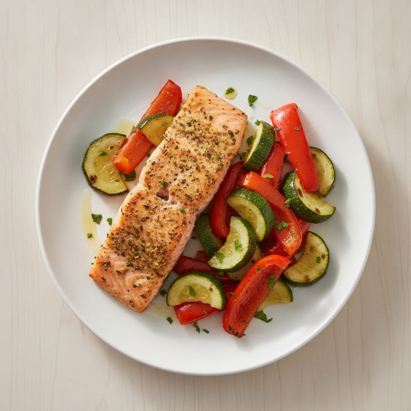Herb-Seared Salmon with Roasted Zucchini and Red Pepper