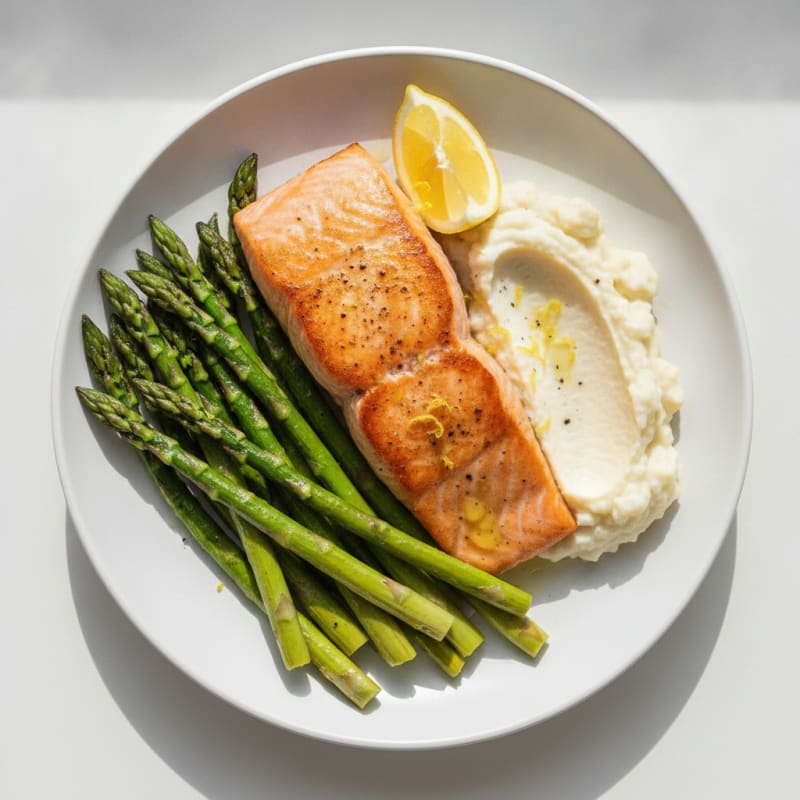 Seared Salmon with Roasted Asparagus and Cauliflower Mash