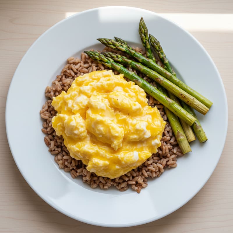 Creamy Scrambled Eggs with Sautéed Asparagus and Brown Rice