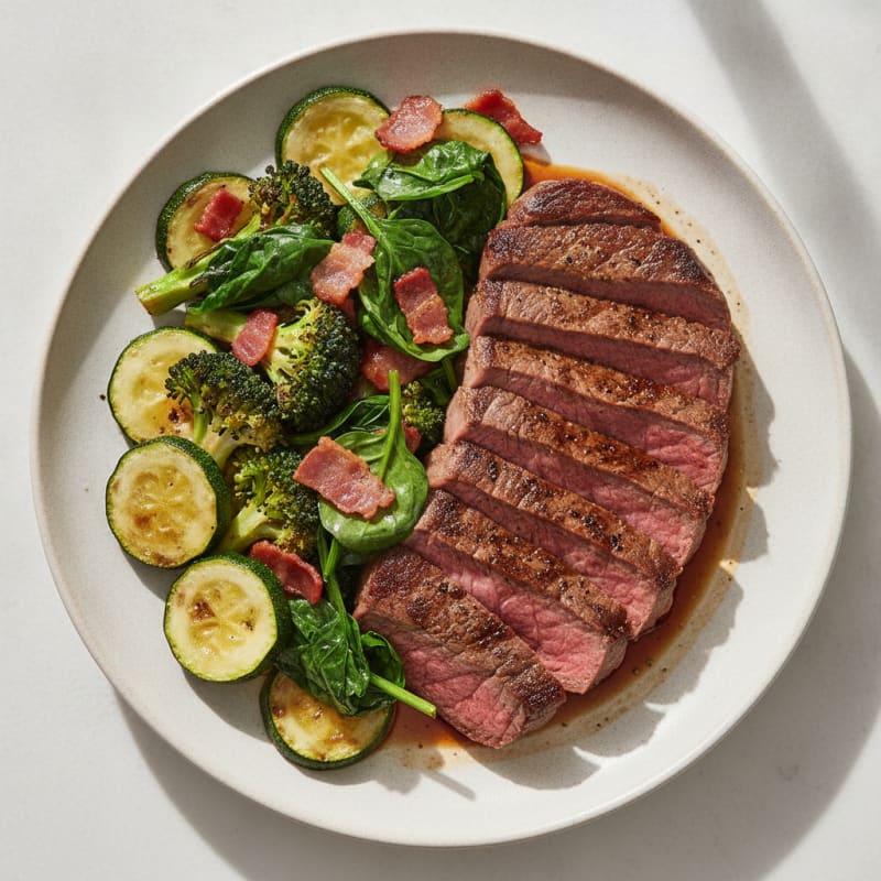 Seared Steak with Roasted Zucchini and Leafy Greens