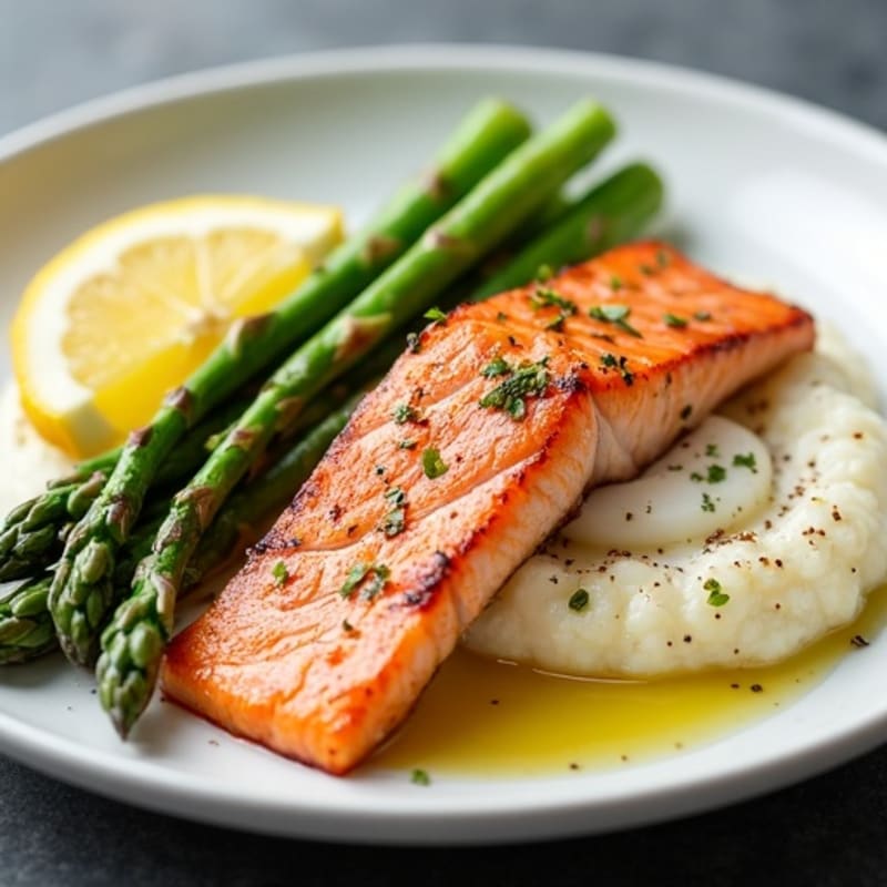 Seared Salmon with Steamed Asparagus and Cauliflower Mash