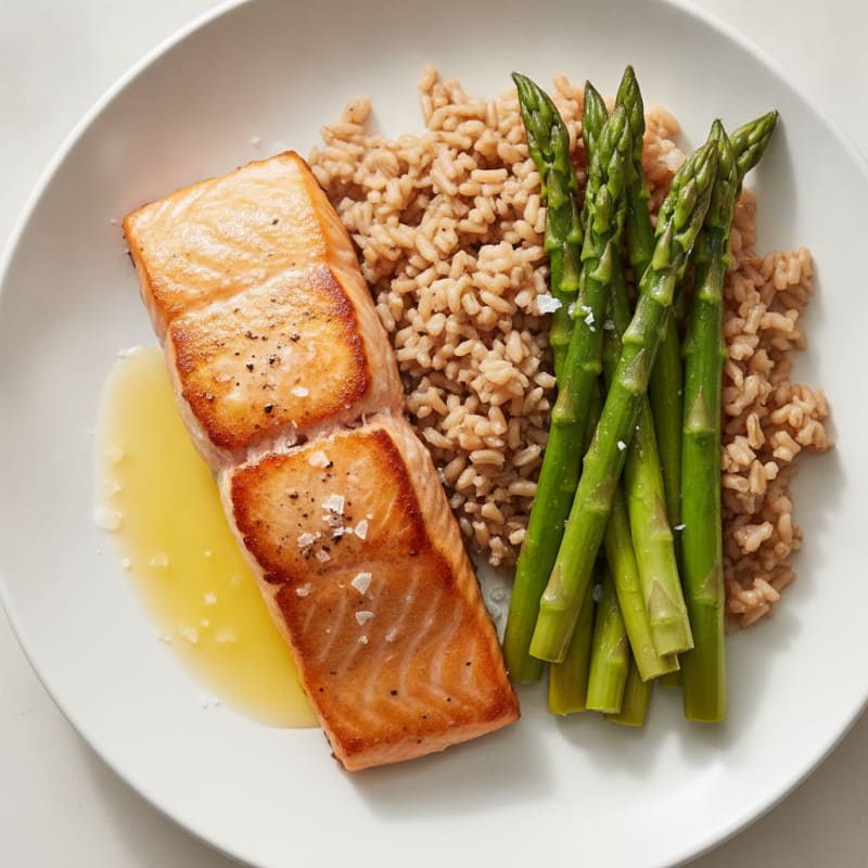 Seared Salmon Fillet with Steamed Asparagus and Brown Rice